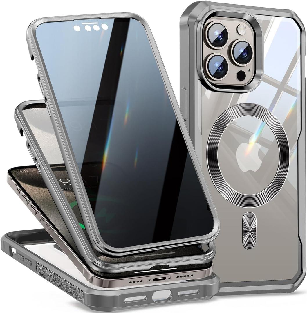 [CD Loop+Privacy Screen Protector]Magnetic Case for iPhone 16 Pro Case,[Military Grade Protection] Anti-peep Privacy Screen Double Sided 9H Glass Compatible with MagSafe Case for iPhone 16 Pro (Natural Titanium)