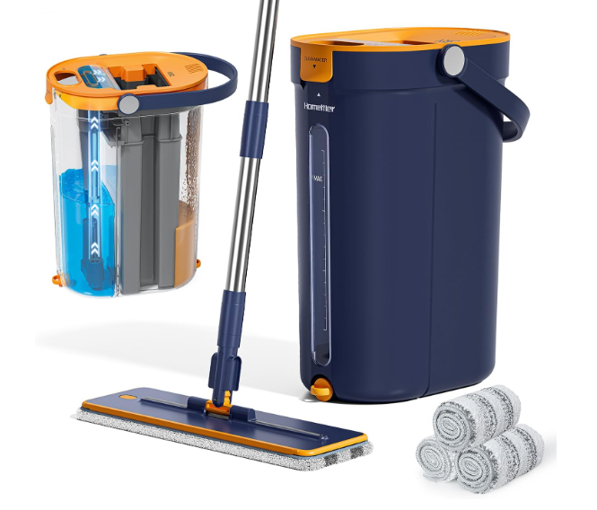 Mop and Bucket Set with Wringer, 3-Tank Flat Mop and Bucket System, Wall Mop Cleaner with Long Handle, Hands Free Mops for Floor Cleaning with 4 Microfiber Pads