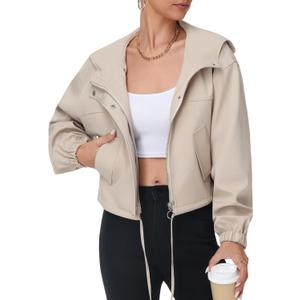 Simlakey Women Cropped Bomber Jacket Lightweight Casual Zip Up Long Sleeve Hooded Short Outerwear Loose Fit with Pockets (Apricot, S)