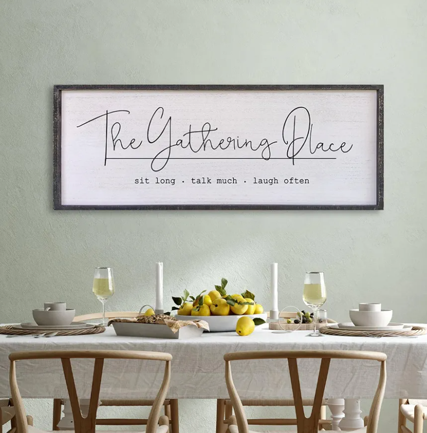 TQianJiang Dining Room Wall Decor The Gathering Place Sign 24"×10" With Sit Long Talk Much Laugh Often Sign Gathering Plaque for Kitchen Large Rustic Farmhouse Wood Framed Wall Hanging (Black)