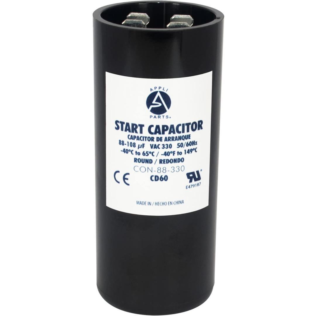 Appli Parts Motor Start Capacitor 80-108 Mfd (microfarads) uF 330 VAC Universal fit for Electric Motor Applications 1-7/16 in Wide 3-3/8 in Height CON-88-330