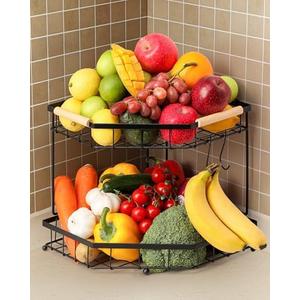 Snuvid 2 Tier Corner Fruit Basket for Kitchen Counter with Banana Hangers, Detachable Fruit Bowl with Wooden Handle, Metal Corner Rack for Fruit and Vegetable Storage, Kitchen Countertop Organizer