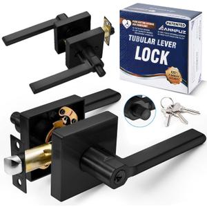 Entry One-Touch Push Button Locking Door Handle Lock with Keys,Non-Handed Opening,Entrance Reversible Left Right Lever for Interior/Exterior Front Door, ADA-Compliant Knob,for Office,Bathroom (Matte Black)