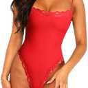 Navneet Women Sexy Lace Bodysuit Lace Trim High Cut Thong Spaghetti Strap Cami Bodysuit Going Out Tank Tops Body Suit Size M