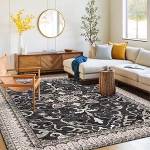 Washable Area Rug 5x8 | Non Slip Area Rug for Living Room, Bedrooms, Dining Room | Ultra-Soft Flannel Carpet Area with Rubber Backing (Black Cream, 5x8)