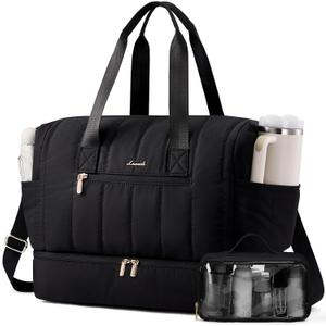 LOVEVOOK Travel Duffle Bag,Puffer Weekender Bags For Women with Shoe Compartment,42L Carry On Duffel Bags For Airplanes,Hospital Bag for Labor and Delivery,Overnight Bag With Toiltry Bag,2Pcs Set (Black)