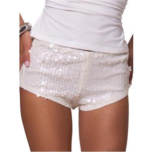 Floerns Women's Sequin Low Rise Mini Shorts Sparkly Beaded Night Out Glitter Micro Shorts (Large, White)