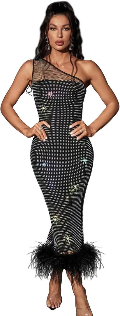 Sexy Maxi Formal Dresses for Women Wedding Guest Elegant Sparkly Rhinestone Ankle Length Long Dress (Medium, B01 Black)