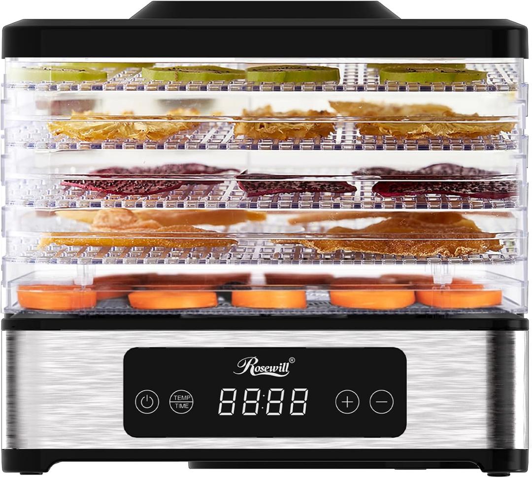 Rosewill Compact Food Dehydrator, 5 Stackable Trays with Adjustable 48H Timer and Temperature Control - Electric Food Preserver for Jerky, Fruits, Veggies, Meat & Dog Treats (Black)