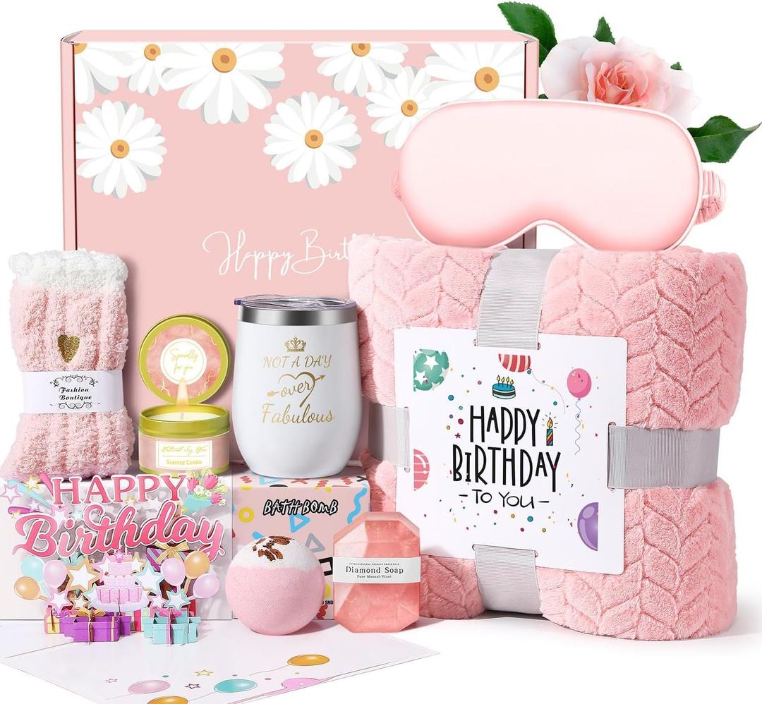Birthday Gifts for Women Friendship, Happy Birthday Gifts Basket for Mom Friend Sister Wife Her Birthday Gift Unique, Luxury Self Care Gift Rose Relaxing Spa Gifts Set with 3D Birthday Card for Women (Pink)