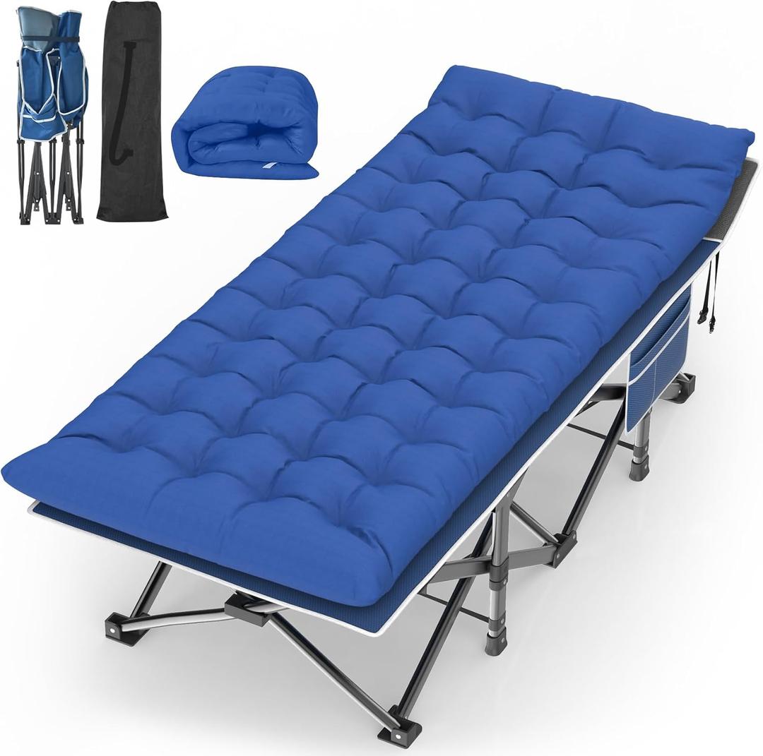 Suteck Camping Cot, 32In XXL Folding Camping Cot Heavy Duty Sleeping Bed for Adults 1200D Double Layer Oxford Cots for Camping W/Pillow Mat Carry Bag for Home Office Travel 900lbs (79"x32"x19", Royal Blue)