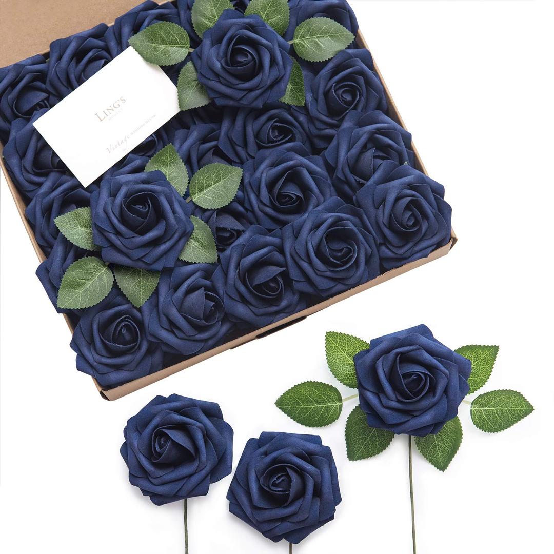 Ling's moment Artificial Flowers 25Pcs Deep Navy Blue Roses Decor w/Stems,3" Real Touch DIY Foam Floral for Wedding Bouquet/Centerpieces, Outdoors Party Backdrop, Room/Table, and Garden/Pot Decor