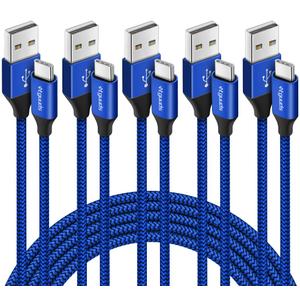 etguuds USB A to USB C Cable 5-Pack (3/3/6/6/10 ft), Fast Charging Type C Charger Cord for iPhone 17 16 15 Pro Max Plus Air, Samsung Galaxy S25 S24 S23 S22 S21 S20 A56 A17 A16, Pixel, Moto G, Blue