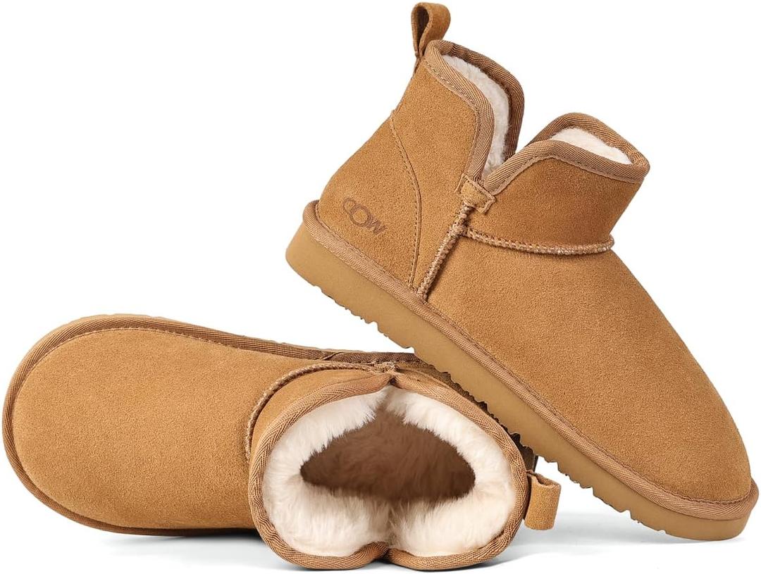 OOW Winter Ankle Genuine Suede Boots for Women Snow Slip On Comfort Short Booties Fall Warm Casual Fuzzy Shoes for Indoor & Outdoor (8, Chestnut)