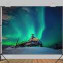 7x5ft Fabric Aurora Backdrop Beautiful Northern Lights Starry Sky Wooden Observation Deck for Birthday Party Backdrop Photography Studio Props