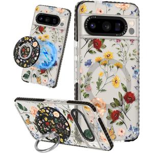 Cute for Google Pixel 8 Pro Case - Compatible with Magsafe Magnetic Ring Holder Stand Kickstand for Women Girls Girly Funny Fashion Pretty TPU Phone Covers Retro Flower Design