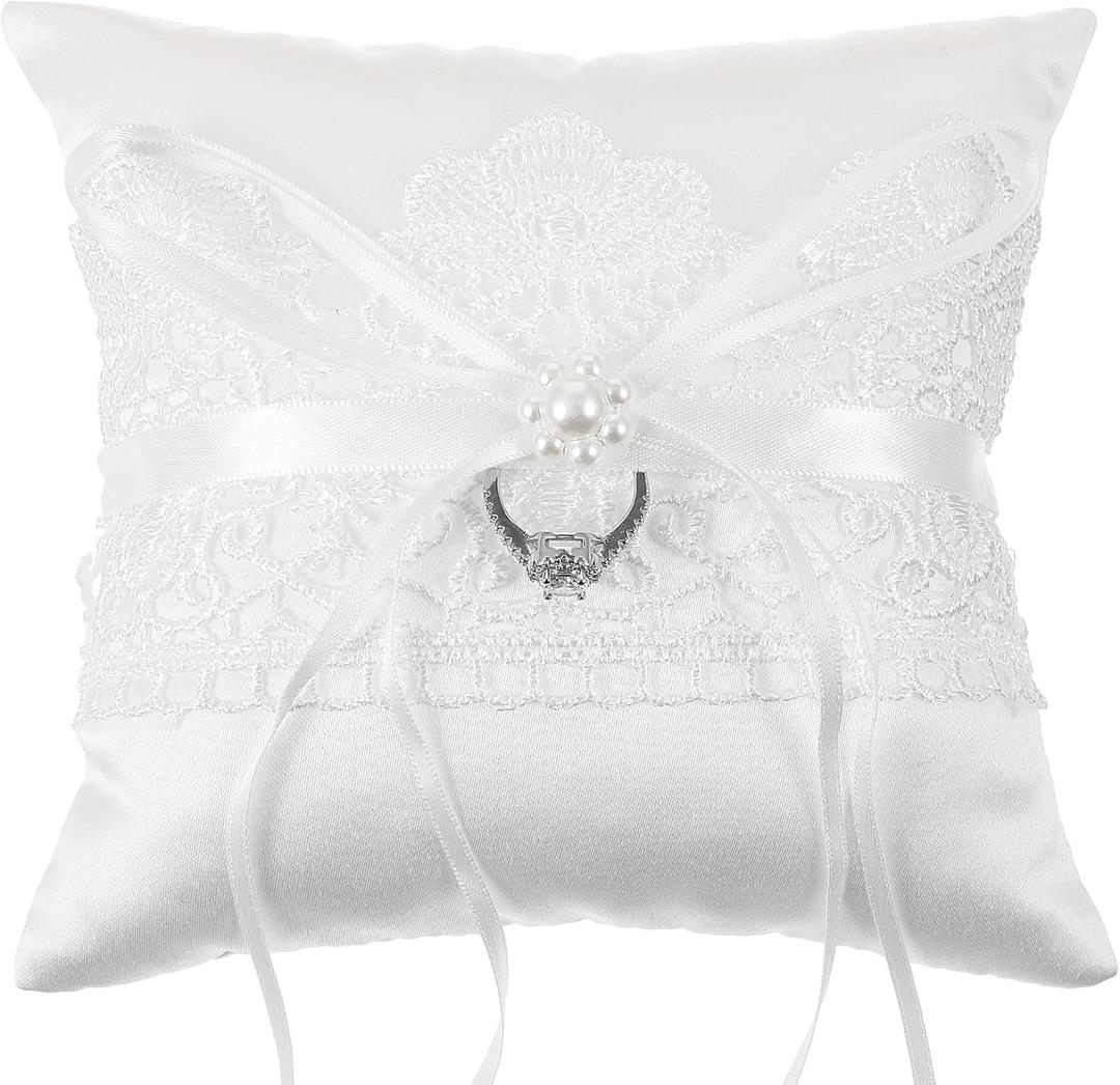 Nogeqi Ring Bearer Pillow, Wedding Ring Bearer with Pearl, Lace Ring Pillow for Ring Bearers, Wedding Ring Pillows for Ceremony Wedding Party Anniversary(Lace Style)