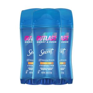 Secret Outlast Antiperspirant Deodorant for Women, 72hr Sweat & Odor Protection, Ph Balancing Minerals, Invisible Solid, Hygienic Fresh Scent, 2.6 oz (Pack of 3)