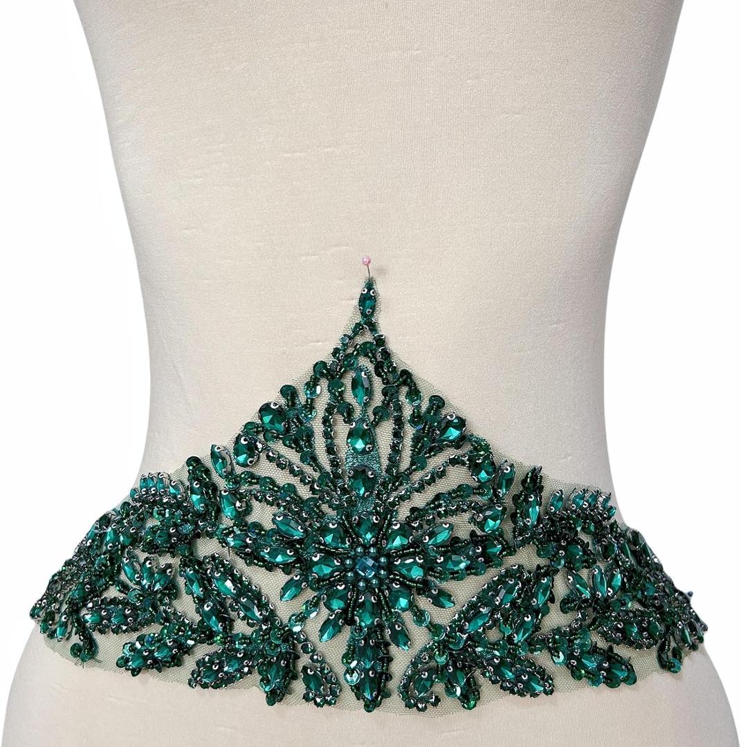 Handmade Rhinestone Applique Bridal Accessories Glass Stones Crystal Belt Wedding Dress Sash DIY Waist Accessory (Deep Green)