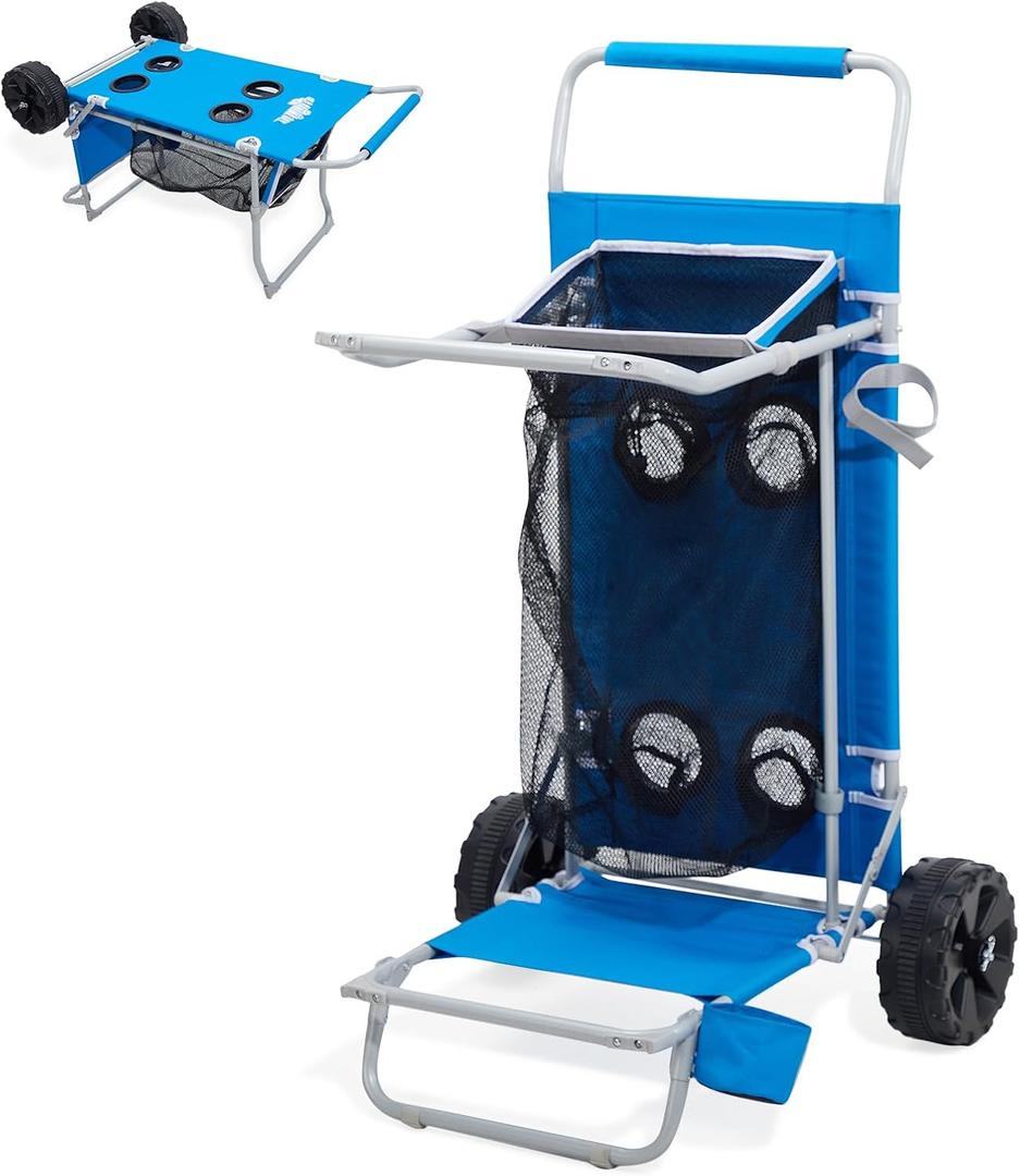 2-in-1 Beach Cart with Big Wheels for Sand, Folding Utility Wagon with Chair Holder, Mesh Storage, 4 Cup Holders, Umbrella Rack, Supports 100 lbs, Compact & Portable for Beach, Camping, Shopping, Blue