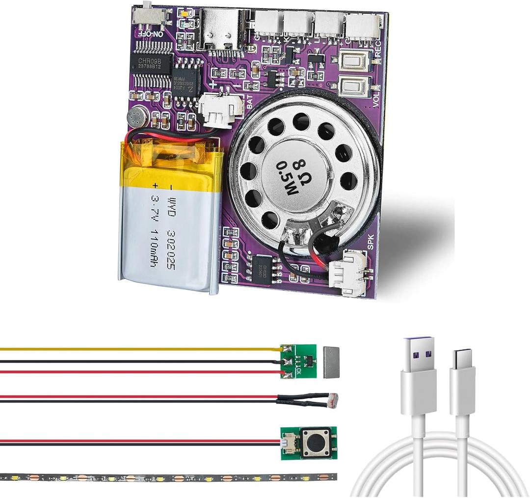 Sound Module, 16MB Push Button, Magnetron, Light Control Activated Recordable Voice Sound Chip Module with LED Light Strip, Speaker, for Greeting Card Audiobook, Xmas Presents Boxes, Kids's Toys.