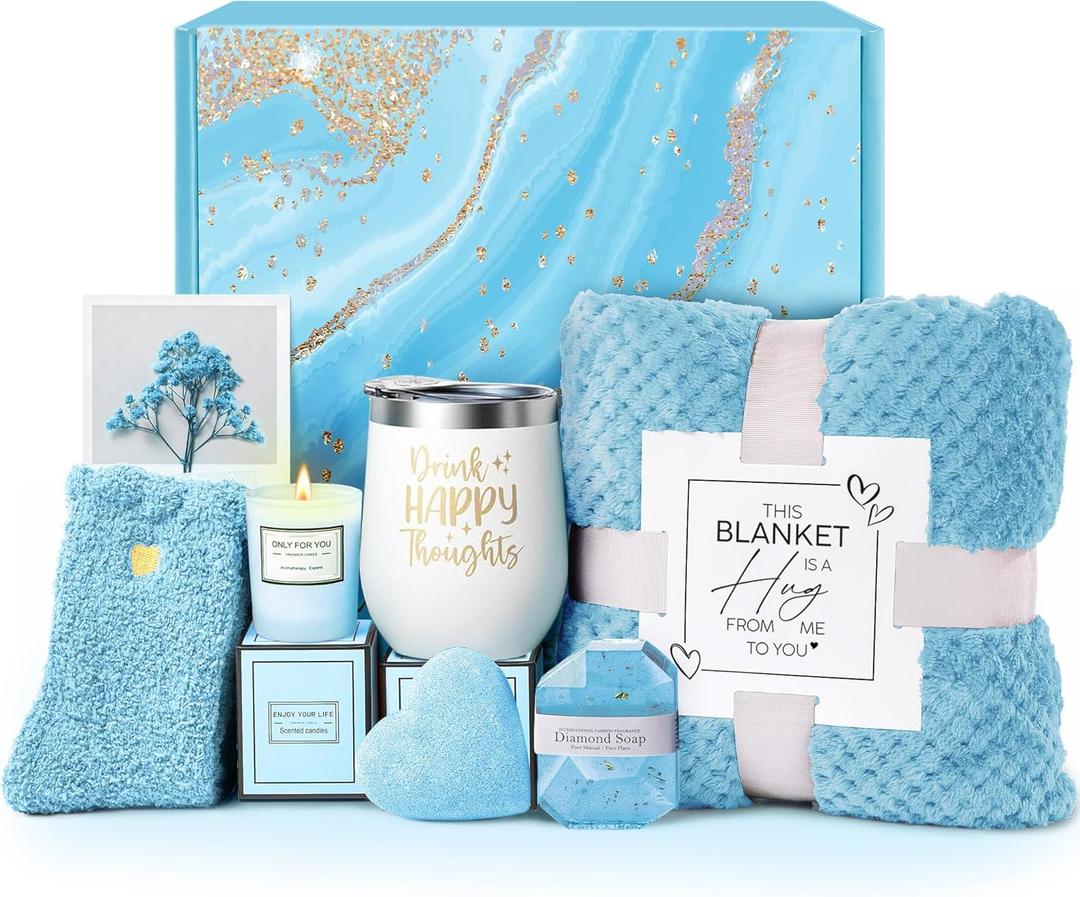 Self Care Get Well Soon Gifts for Women, Luxury Ocean Spa Gift Basket with Flannel Blanket - Unique Birthday Christmas Mother's Valentines Day Gifts for Mom Wife Girlfriend Best Friend Sister Her (Blue)