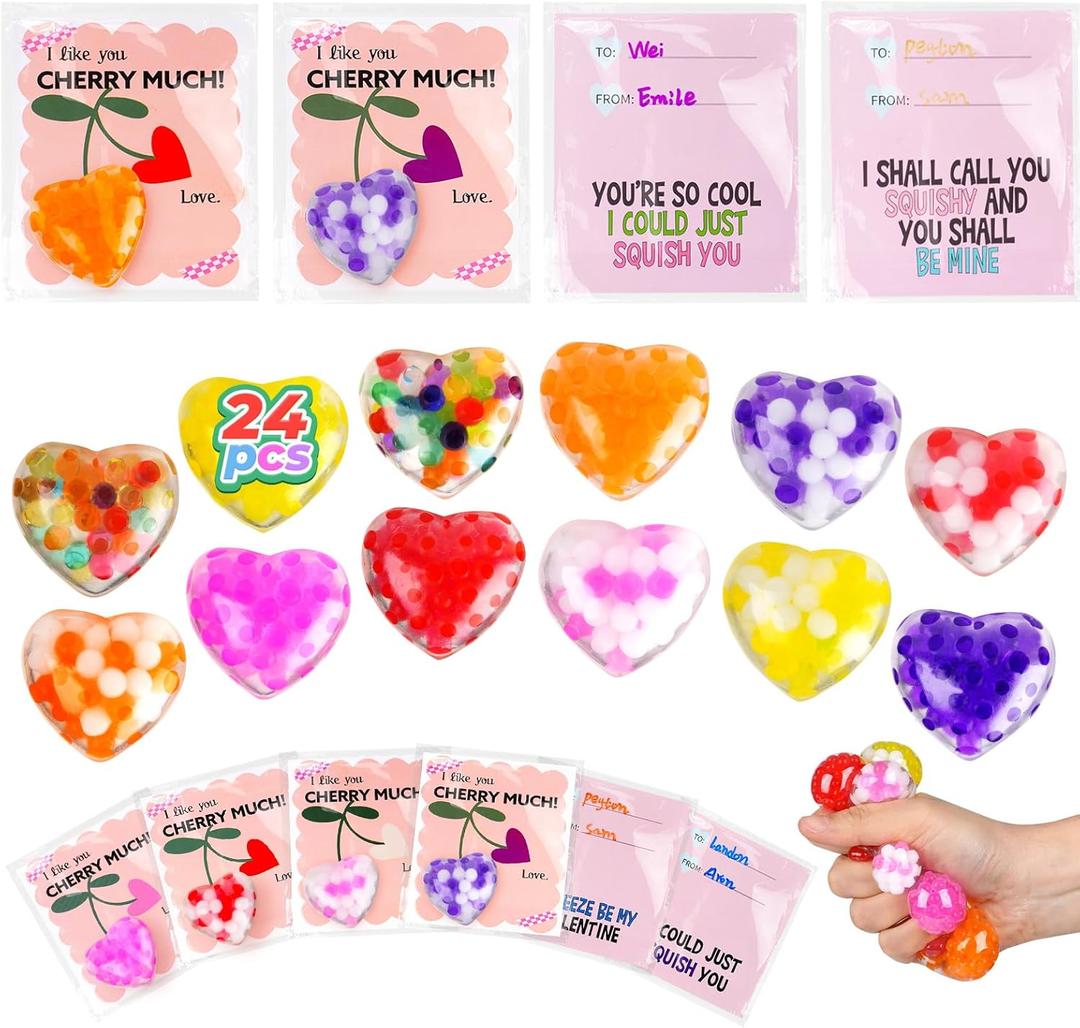 24PCS Valentines Squishies,Valentines Stress Balls for Adults,Valentine Day Cards Classroom Favors,Valentine's Bulk Fidgets Squishy Toys Party Favors Exchange Gift