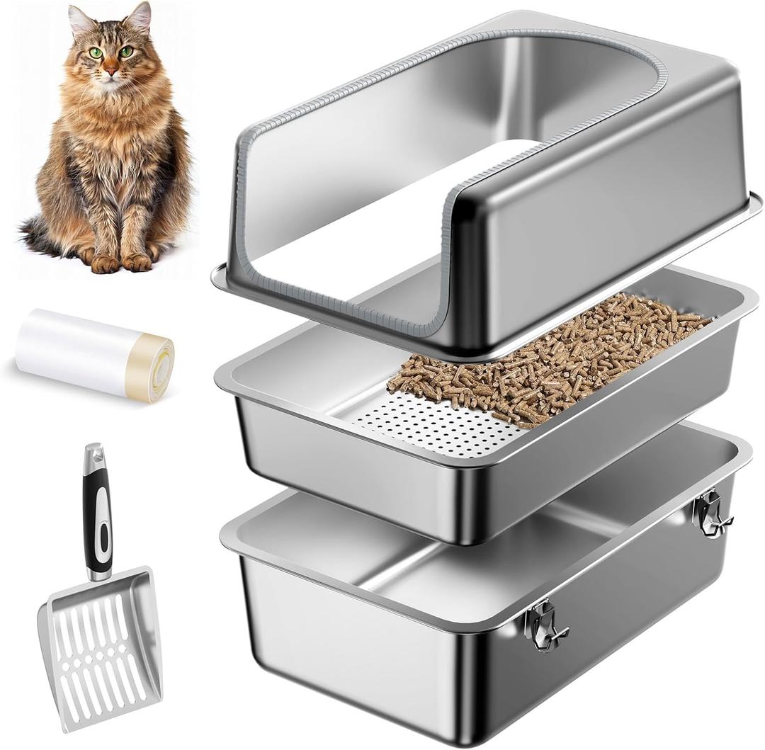 XL All Stainless Steel Sifting Litter Box with Lid,Sifting Cat Litter Box for Pine Pellets,High Sides Metal Sifter Litter Pan System for Big Cats,Odor Control,Easy to Clean (XL:23.6''15.7''12'')