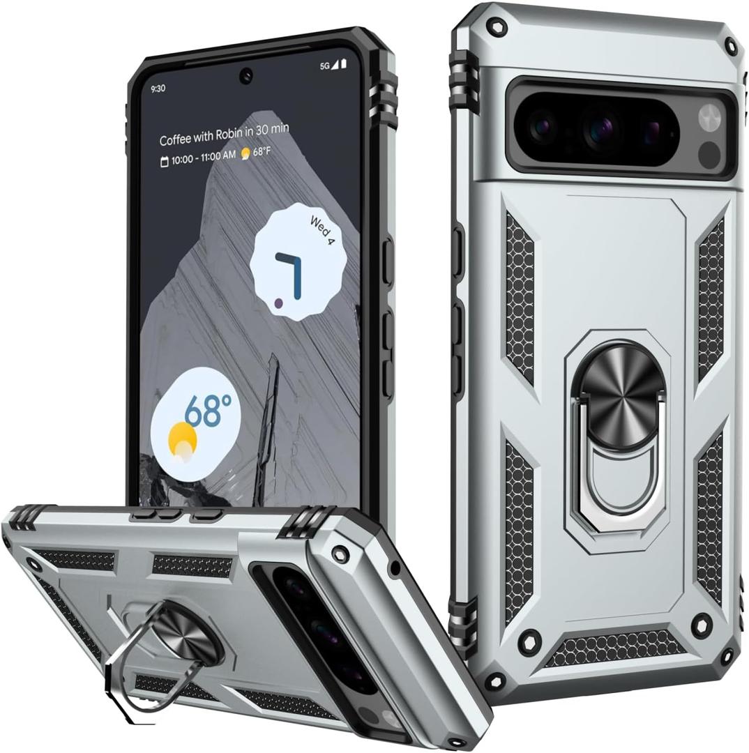 LUMARKE for Google Pixel 8 Pro Case with Screen Protector,Pass 16ft. Drop Tested Military Grade Protective Phone Cover with Magnetic Ring Kickstand Compatible with Car Mount Holder Silver