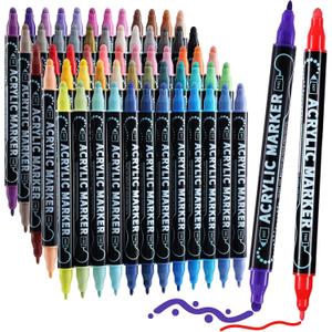 60 Colors Dual Tip Acrylic Paint Markers, Premium Dot & Fine Tip Coloring Paint Pens for Rock, Wood, Fabric, Canvas, Glass, Paper, Ceramic, Scrapbook, Vision Board and DIY Crafts Supplies Art Gifts