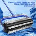 14ft Stainless Steel Lake Weed Roller, Beach Roller Lake Weed Remover, Rid Weeds Roots and Muck Buildup, 4 Aluminum Handles, 6 Preassembled Stainless Steel Blades, Super Easy Assembly, Blue.