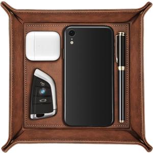 SITHON Valet Tray Desktop Storage Organizer Premium PU Leather Catchall Bedside Vanity Tray Nightstand Caddy Holder for Keys, Phone, Wallet, Coin, Valentine's Day Gift, Brown
