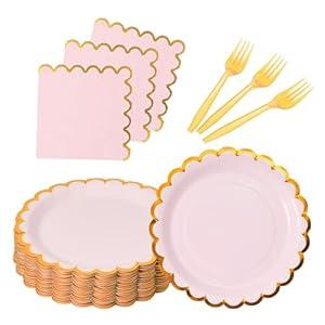 black & gold scalloped party plates with napkins and fork gold foil border, 24 Guest Black disposable Tableware Set Party Decoration for Birthday Coquette Bridal Baby Shower Valentines