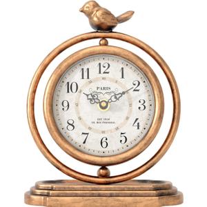 Gold Vintage Table Clock with Bird, European Retro Style Mantel Clocks, Desk and Shelf Decor Clock, for Living Room, Farmhouse, Bedside, Bedroom, Gift (7.9" H x 6.3" W)