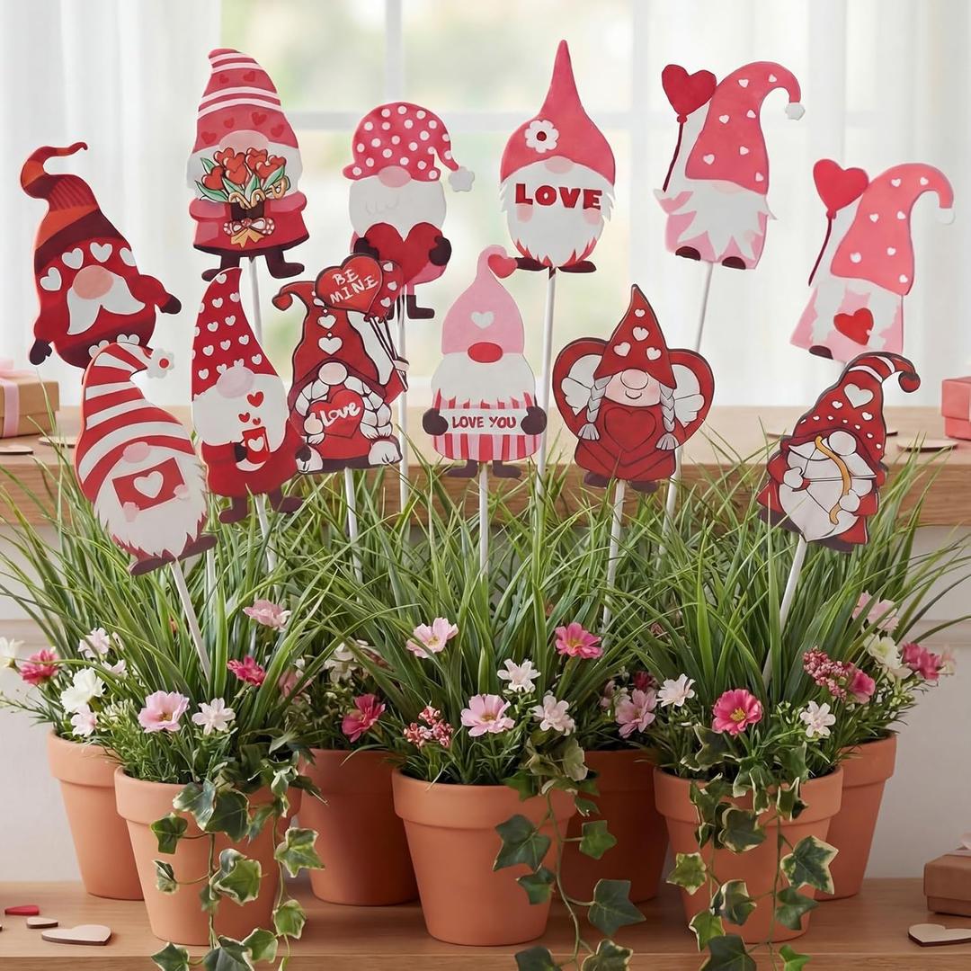 Novabright 12 Pcs 12'' Valentine's Day Metal Gnomes Yard Planter Stakes Valentines Gnomes Garden Stakes Potted Plant Signs Outdoor Decorations for Planter Pot Lawn Patio Wedding Party Decor