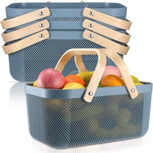 Sadnyy 4 Pcs Plastic Mesh Garden Harvest Basket Storage Basket with Wooden Handle Multi Functional Mesh Bin for Kitchen Cabinet Picnic Fruit Vegetable Gathering Organizer(Large,Blue)