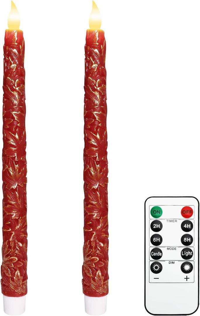 Maple Leaf Flameless Taper Candles Battery Operated Remote 11-Inch Tall Handcrafted Red Real Wax LED Flickering Candle Vintage Home Aesthetic Christmas Decor for Thanksgiving Christmas Gift