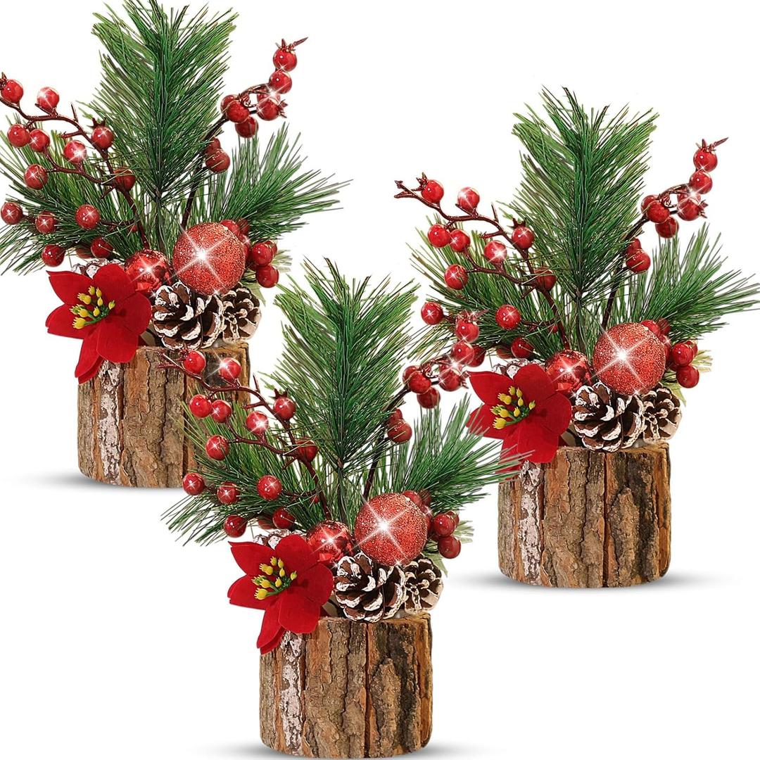 3 Pcs 11 Inch Tabletop Christmas Tree Decorations with Christmas Ornaments Pine Cone Berry Bookshelf Decor for Holiday Room Party Winter Home Indoor Outdoor (Poinsettia)