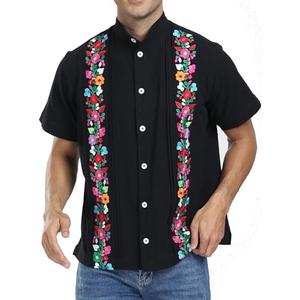 Mexican Shirts for Men Guayabera Embroidered Traditional Fiesta Button Up Collared Short Sleeve Shirt, Black, M
