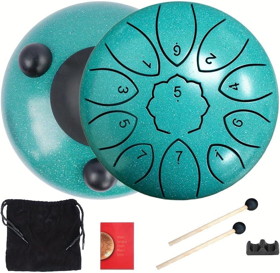 6 Inch 11 Notes Steel Tongue Drum, Engraved Note Rain Drum, Pre-Tuned Handpan Drum with Mallets, Music Score & Storage Bag, Percussion Instrument for Relaxation, Camping & Gift (Green)
