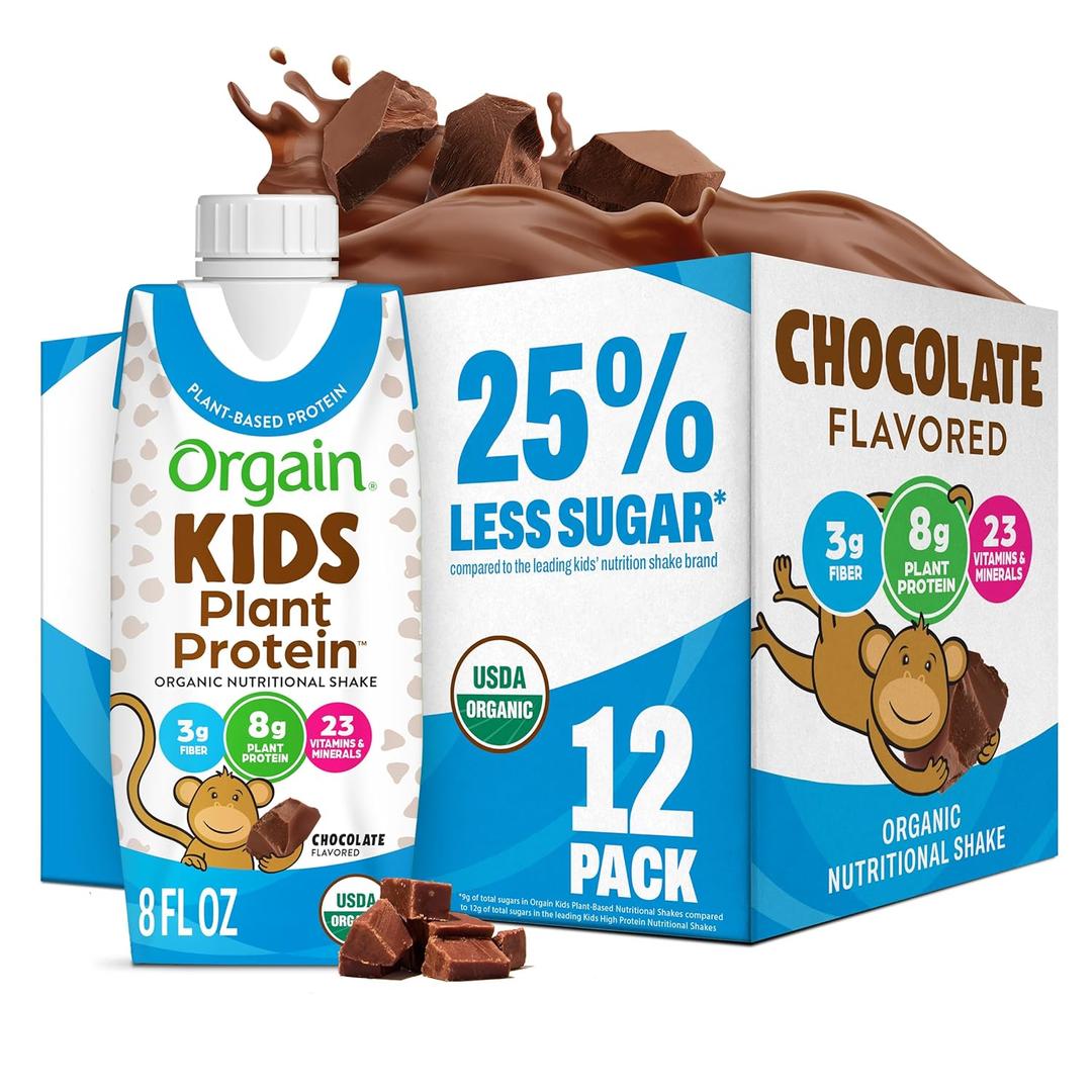 Orgain Organic Kids Nutritional Vegan Protein Shakes, Chocolate - Healthy Kids Snacks, 8g Plant Protein, 23 Vitamins & Minerals, 3g Fiber, No Dairy & Soy, Non-GMO, 8 Fl Oz, 12 Pack (EXP 05/25/26)