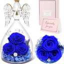 Sunia Preserved Flowers Rose Gifts for Mom, Birthday Gifts for Grandma Women, Glass Angel Figurines with Three Forever Real Roses, Fresh Flowers Gifts for Christmas Mother's Day Valentine (Blue)