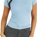 Dwnval Womens Basic Summer Short Sleeve Crewneck T Shirt Raglan Ribbed Knitted Slim Fit Casual Going Out Tops (Blue, XL)
