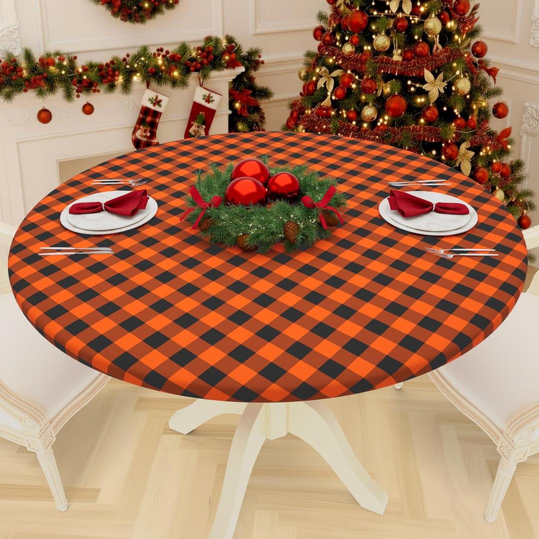 Smiry Round Picnic Tablecloth, Elastic Waterproof Fitted Vinyl Tablecloths for 36"-44" Tables, Flannel Backed Buffalo Plaid Table Cover for Dining, Camping, Outdoor, Black and Orange
