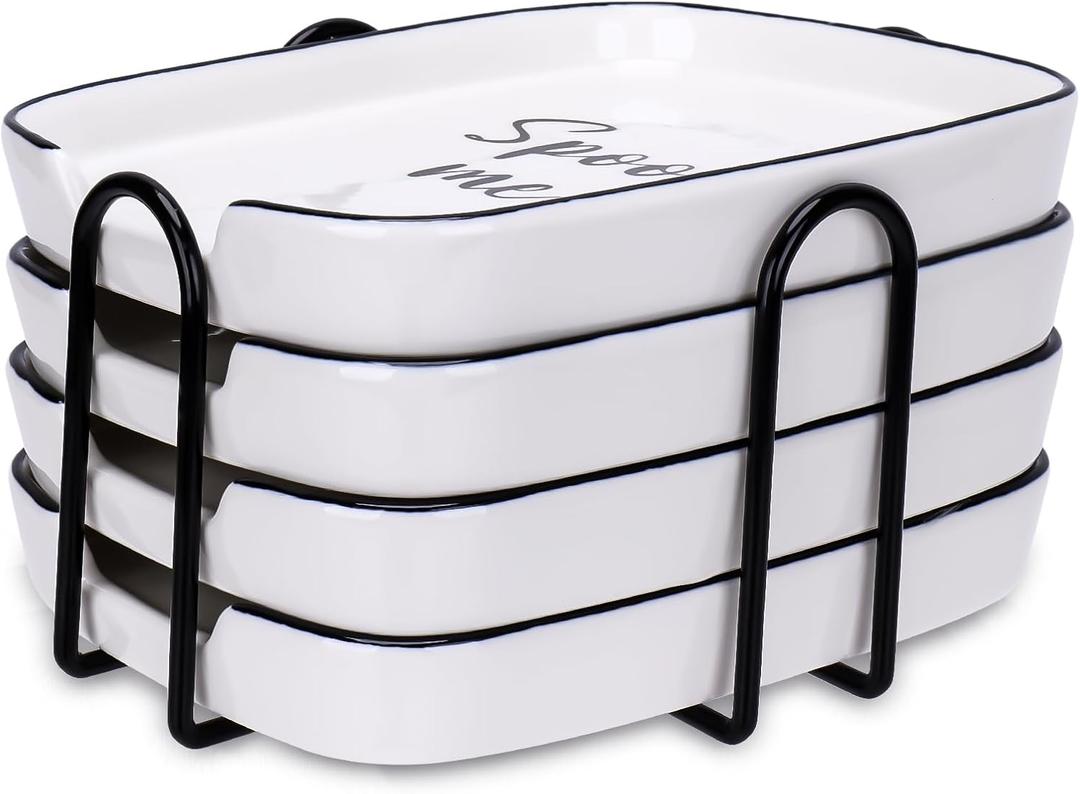 4 Pack White Ceramic Spoon Rest for Stove Top, Durable Spoon Rest Set with Metal Holder, Heat-Resistant Cooking utensils Rest, Large Spoon Rest for Kitchen Counter, Modern Farmhouse Kitchen Dcor