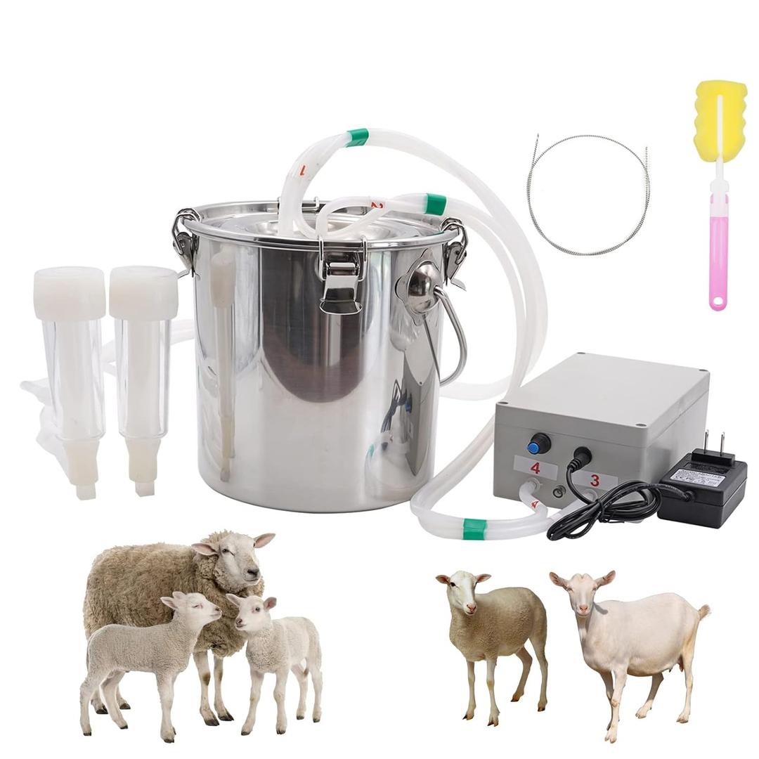5L Goat Milking Machine Adjustable Pulsation Vacuum Electric Milker, Automatic Pulsating Vacuum Pump Livestock Milking Supplies with Stainless Bucket