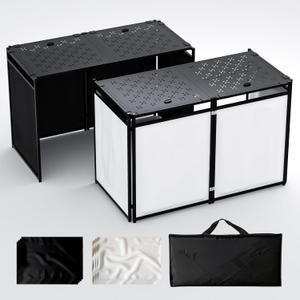 RDCMKL Portable DJ Booth Table Stand with 2-Height Adjustable Top Board, All-Iron Heavy Duty DJ Facade for Events, Includes 8 Scrims, Travel Bag, and 4 Leveling Legs, 54x27x45 Inches