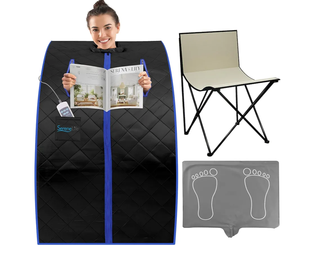 SereneLife SLISAU20BK Oversize Portable Infrared Home Spa One Person Sauna with Heating Foot Pad & Portable Chair (40 inches)