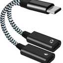 USB C to Dual USB C Female Audio Type C Connector Headphone and Type C Charging Adapter Splitter Music 2 in 1 Aux Cable (Black) (Black 1)