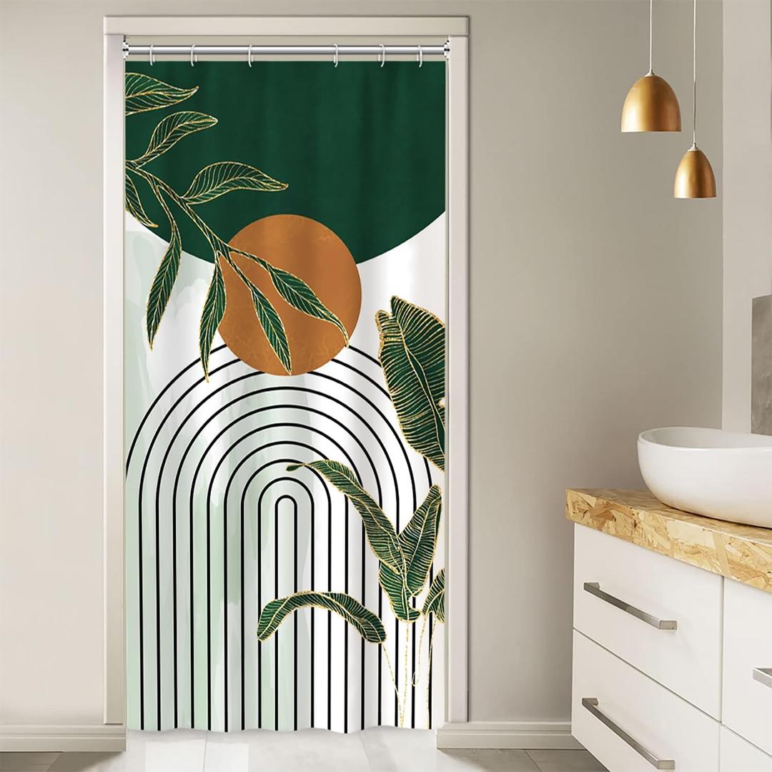 Abstract Stall Shower Curtain, Green and White Bathroom Curtain Waterproof Fabric Boho Sun Shower Curtain Set with Hooks, 36x72 Inch